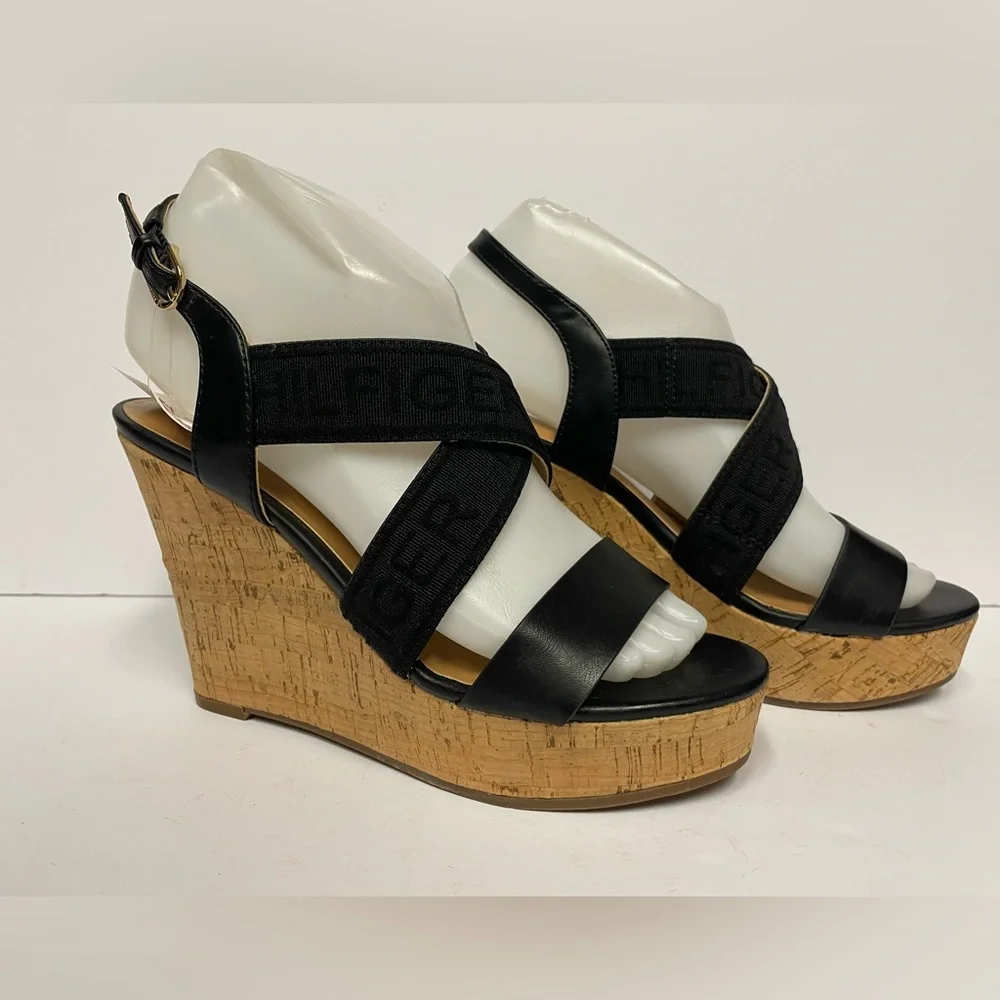 Tommy Hilfiger kezno vegan Black Wedge Sandals heels crisscross cork 6.5